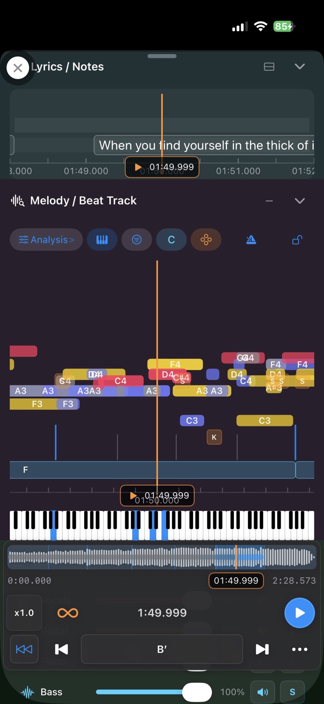 Melody / Beat Track showing coloured notes, chord names, beat markers and a piano keyboard alongside synced lyrics.