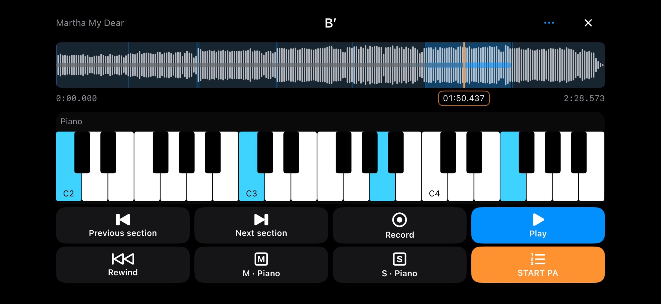 Landscape Performance View with a waveform, piano keyboard and large buttons for sections, recording, playback, instrument mix and Practice Assistant.
