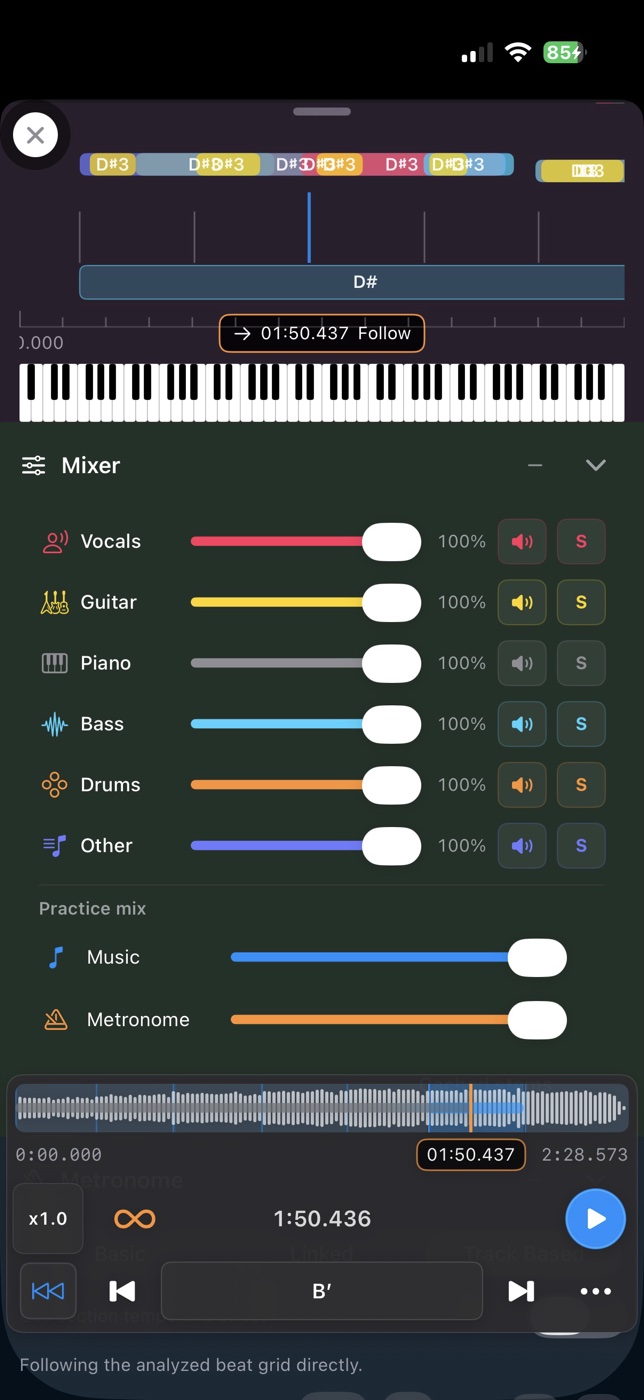 Instrument mixer with separate levels, mute and solo controls for vocals, guitar, piano, bass, drums and other instruments.